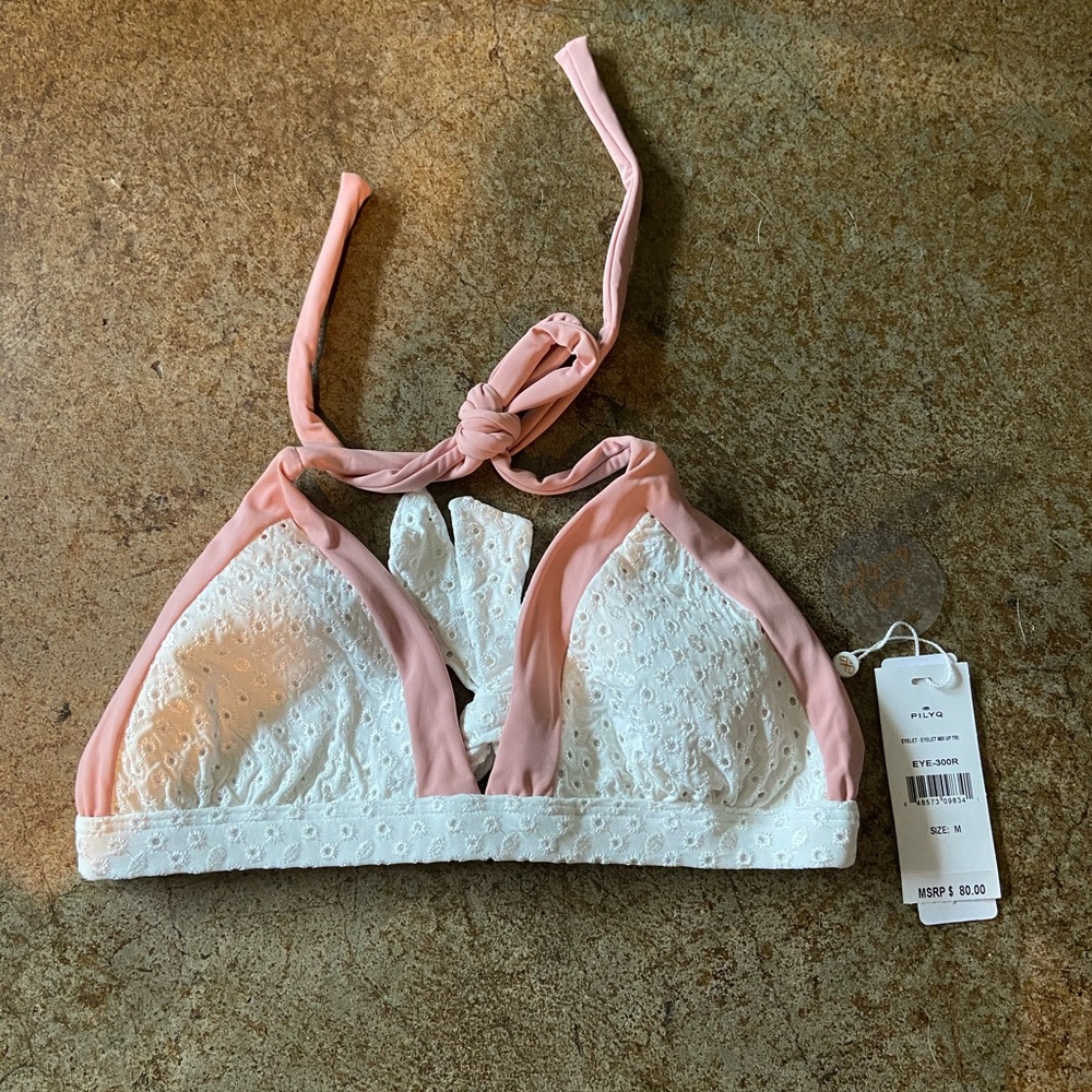 NWT Pilyq Lace Eyelet Mix Up Tri Bikini Top Medium